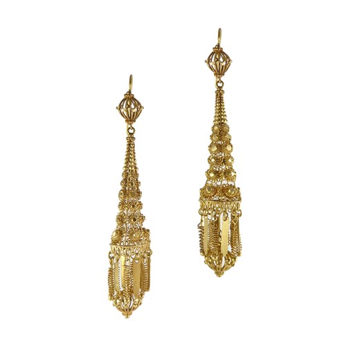 Pair of 19th century gold wirework florette pendant earrings, c.1840, the pendants of elongated cone shape,